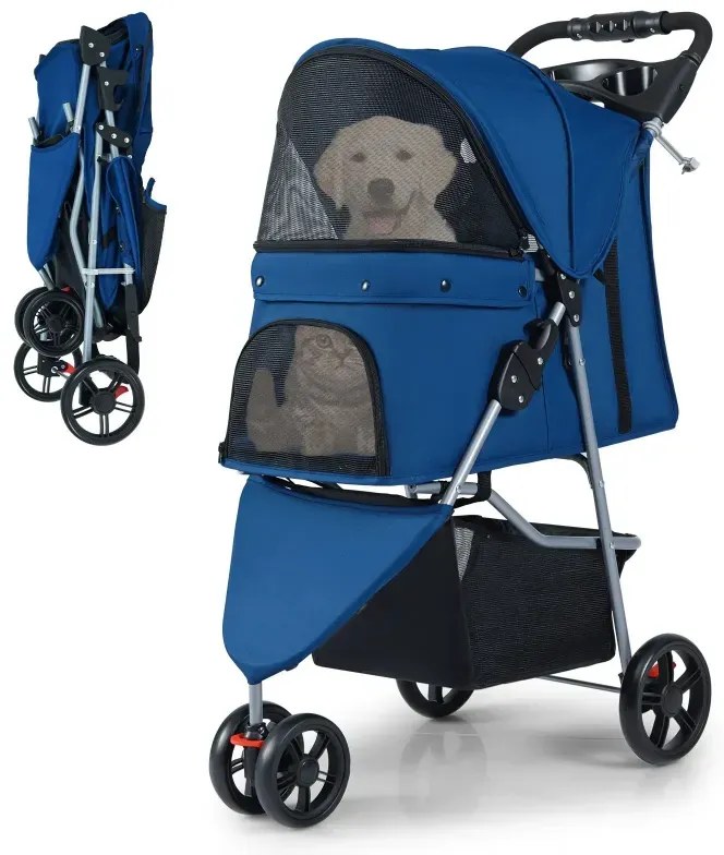 Faltbarer Haustierwagen leichter Katzen-Spazierwagen mit verstellbarem Sonnendach Blau