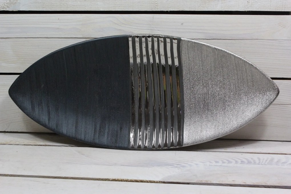 Keramická tácka oválna s pásom 2. - strieborno-sivá (42x18 cm)