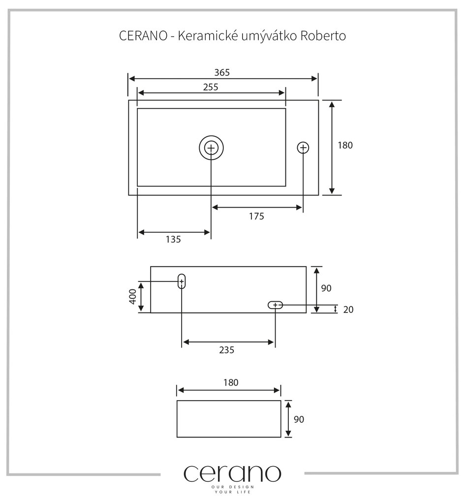 Cerano Roberto, keramické umývadlo 365x180x90 mm, závesné pravé, biela lesklá, CER-CER-417209R