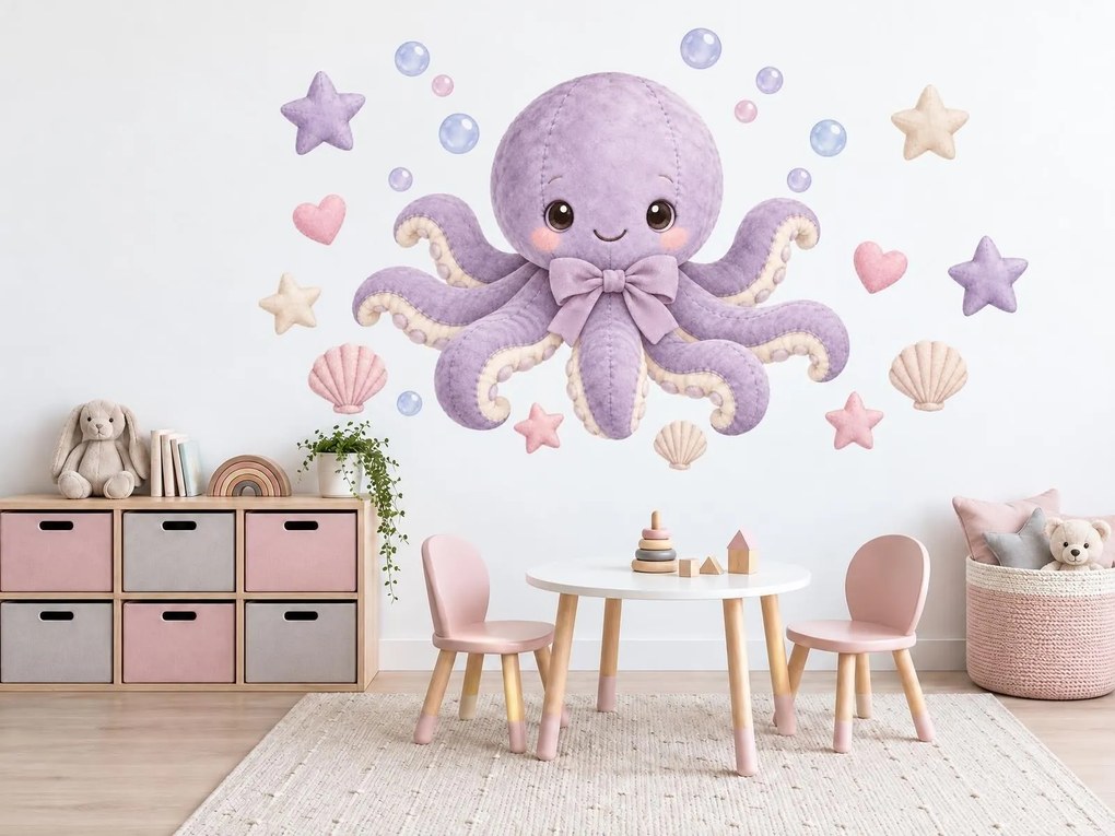 Plyšová chobotnička s mašľou fialové morské textilné nálepky na stenu do detskej izbičky pre dievčatko hárok 46 x 34 cm