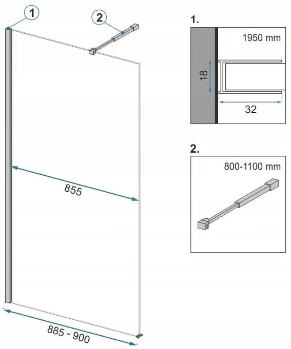 Rea Aero, sprchová zástena typu Walk-In 90 cm + polička a vešiak EVO, 8mm číre sklo, čierny profil, KPL-K7581