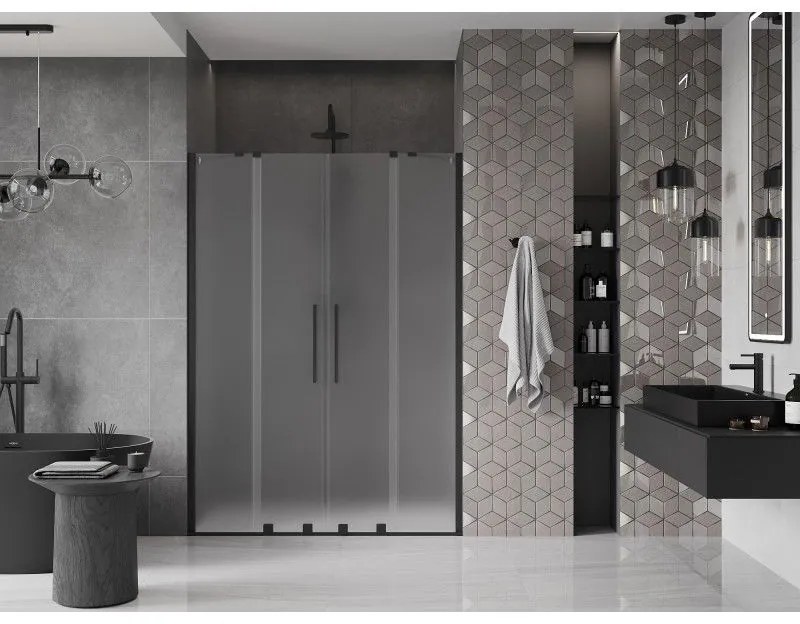 Mexen Velar Duo, posuvné sprchové dvere do otvoru 140 cm, 8mm sklo námraza, čierna matná, 871-140-000-32-70