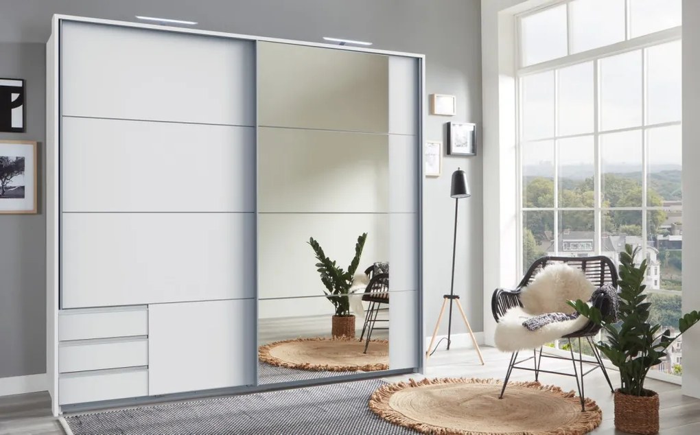Šatníková skriňa so zrkadlom Emden, 225 cm, biela