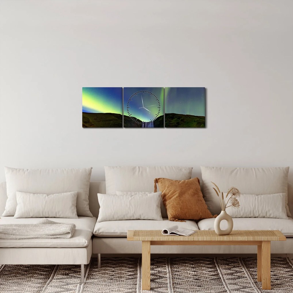 Obraz - Polárna žiara na Islande (s hodinami) (90x30 cm)
