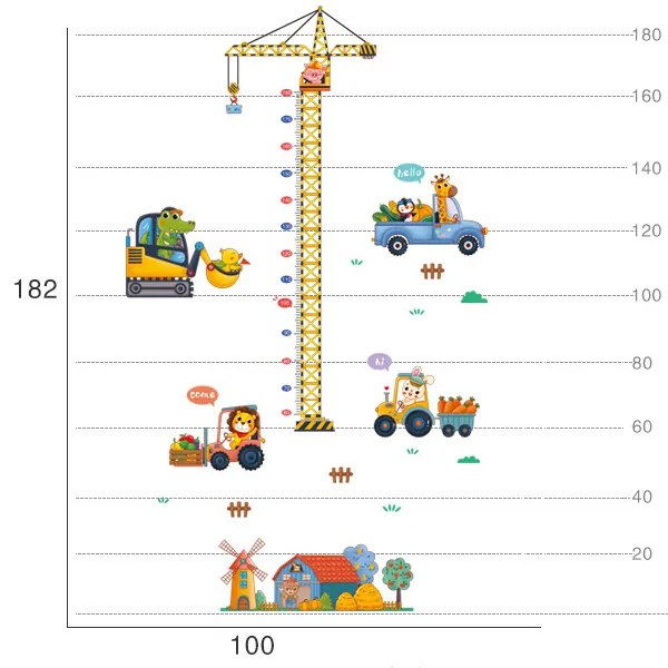 Samolepka na stenu "Detský meter - Žeriav so zvieratkami" 100x182cm