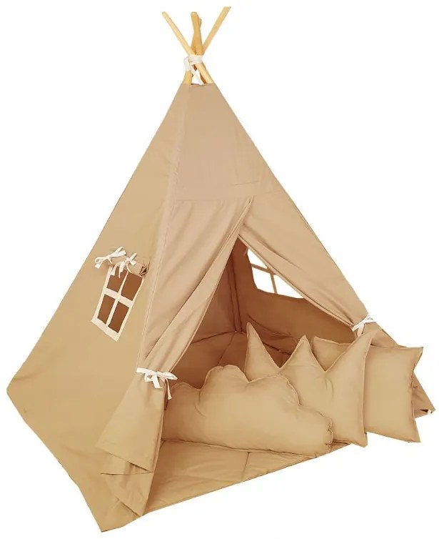 Detský teepee stan na hranie s podložkou a vankúšikmi BÉŽOVÝ