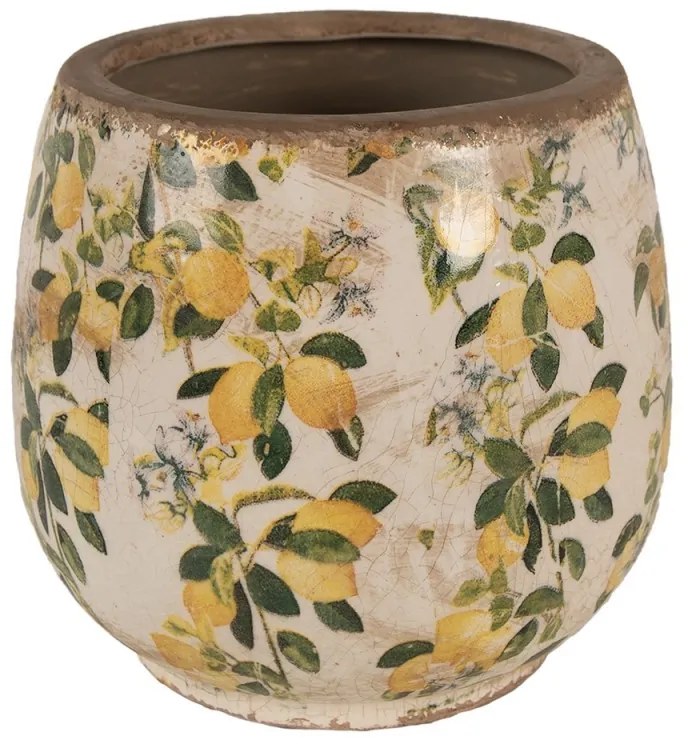 Béžový keramický obal na kvetináč s citrónmi Lemons M - Ø 15*15 cm
