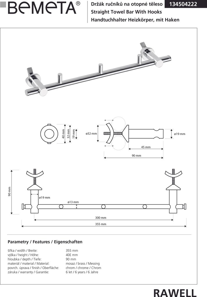 Bemeta Design RAWELL: Držiak uterákov na vykurovacie teleso, 300 mm, s háčikmi, lesk - 134504222