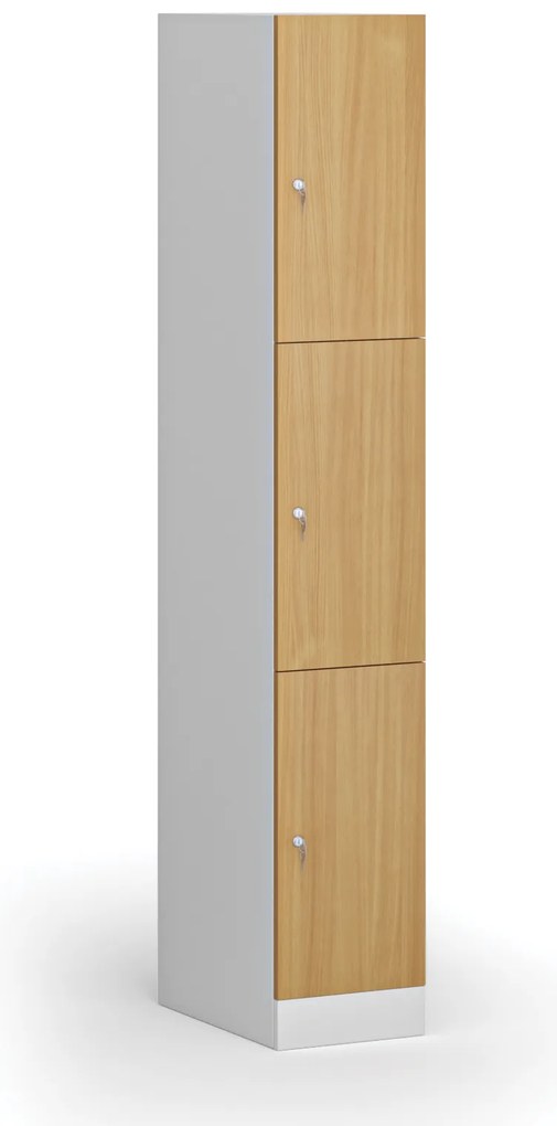 Šatníková skrinka S1 s úložnými boxmi, 3 boxy, 1850 x 300 x 500 mm, demont, cylindrický zámok, laminované dvere, buk