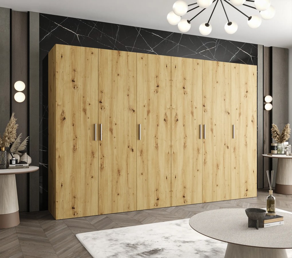 Šatníková skriňa 300 cm Borry 1 (dub artisan + strieborná). Akcia -20%. Vlastná spoľahlivá doprava až k Vám domov. 1125790