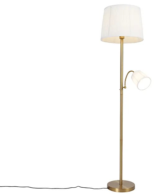 Klasická stojanová lampa bronzová tkanina biela s lampou na čítanie - Retro