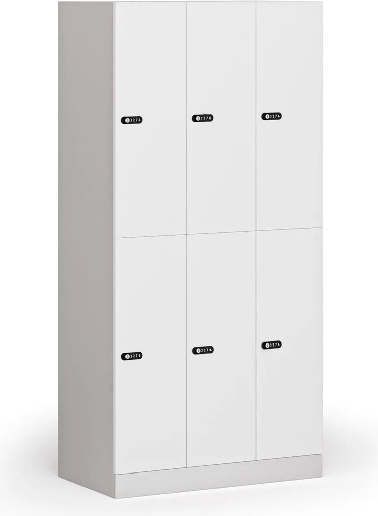 Šatníková skrinka S1 s úložnými boxmi, 6 boxov, 1850 x 900 x 500 mm, demont, mechanický kódový zámok, laminované dvere, biela