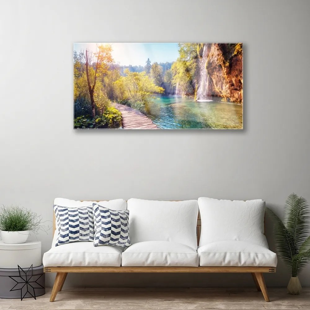 Skleneny obraz Jazero príroda vodopád 125x50 cm