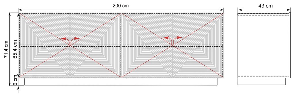 Komoda Asha 200 cm s drážkovaným čelom - matná čierna