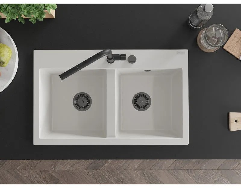 Mexen Hektor, 2-komorový granitový drez 800x480x205 mm, biela, grafitový sifón, 6521802000-20-B