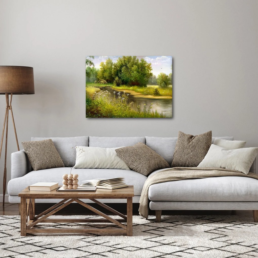 Obraz - Rieka pri lese, olejomaľba (70x50 cm)