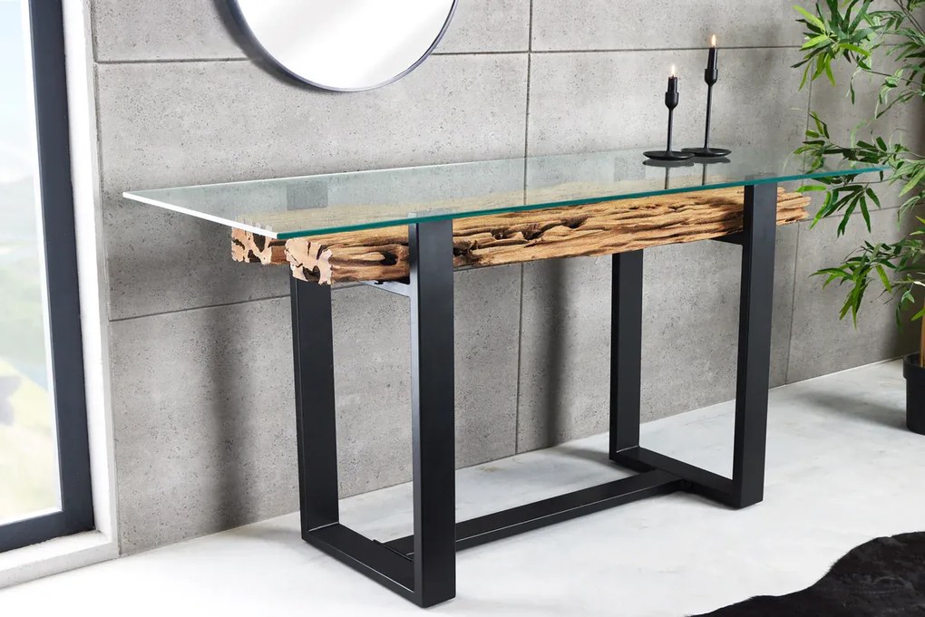 Konzola BARRACUDA 150 cm z recyklovaného teakového dreva s doskou z tvrdeného skla