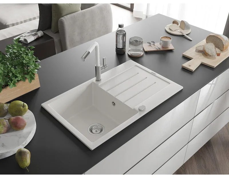 Mexen Bruno, 1-komorový granitový drez 795x495x200 mm a drezová batéria Flora, biela, 6513-20-670401-02
