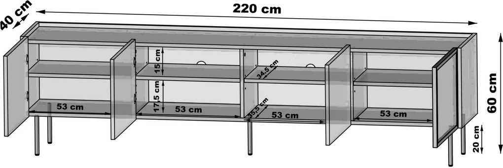 RTV skrinka Dunari 220 cm s kovovými nohami - dub dunin