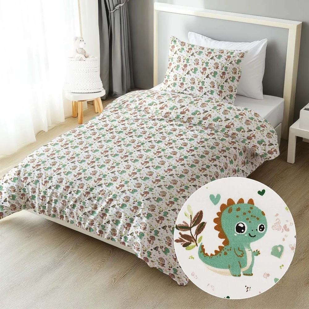 Biante Detské bavlnené posteľné obliečky Sandra SA-657 Zeleno-hnedé dinosaury na bielom Jednolôžko 140x200 a 70x90 cm