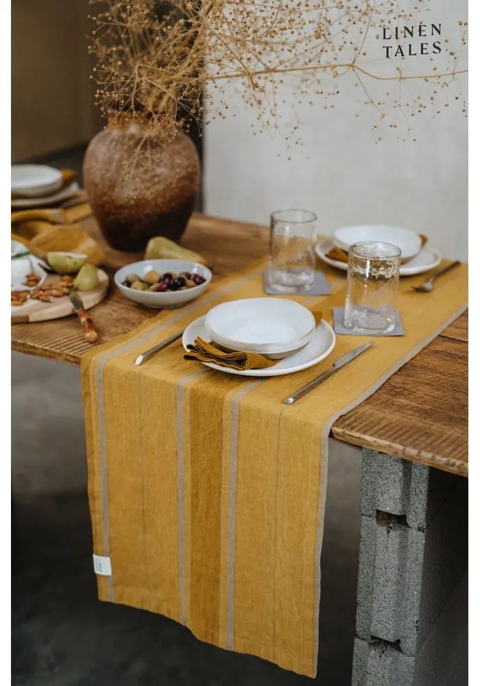 Ľanový behúň na stôl 200x200 cm Amber Bronze Stripes – Linen Tales