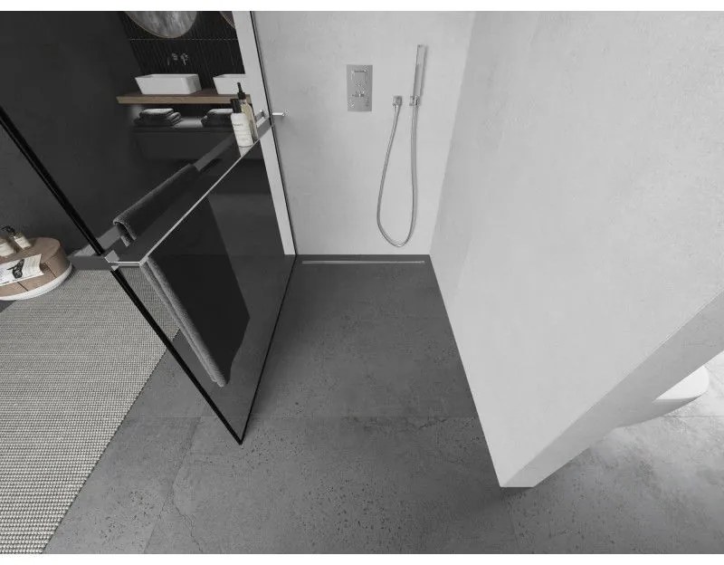 Mexen Kioto+, sprchová zástena s poličkou a držiakom na uteráky 70 x 200 cm, 8mm číre sklo vzor čierny rám, chrómový profil, 800-070-121-01-70