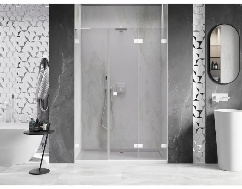 Mexen Lunar-F, L pravé sklápacie sprchové dvere 145 cm, 8mm číre sklo, biely profil, 836SL-145-050-20-00-P