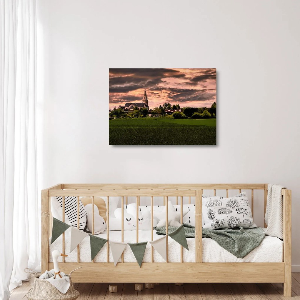 Sklenený obraz krajiny s kostolom (70x50 cm)