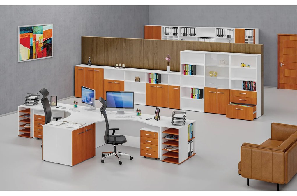 Ergonomický kancelársky pracovný stôl PRIMO WHITE, 1600 x 1200 mm, pravý, biela/čerešňa