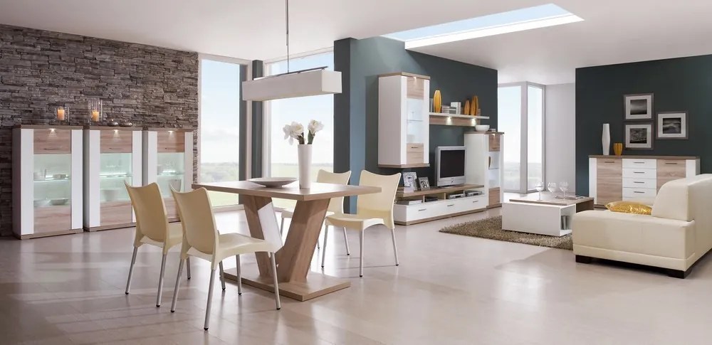 Vitrína Caracas typ 28, dub / biely lesk, s osvetlením