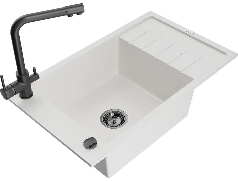 Mexen Elias, 1-komorový granitový drez s odkvapkávačom 795x480x200 mm a čierna batéria Duero, biela, 6511-20-671600-70
