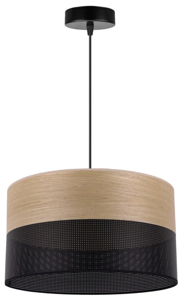 Závesné svietidlo Wood, 1x dýha zlatý dub/čierne PVC tienidlo, (fi 35cm)