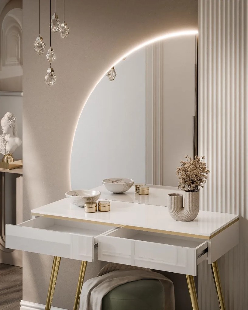 TOALETNÝ STOLÍK NESSIE BIELY LESK ĽAVÝ + ZLATÉ NOHY + ZRKADLO POLMESIAC