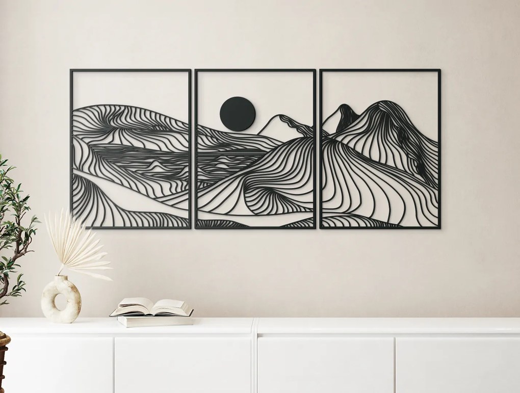 drevko 3-dielny lineart obraz Hory a slnko Rozmer obrazu: 52 x 120 cm, Farba dekorácie: Čierna