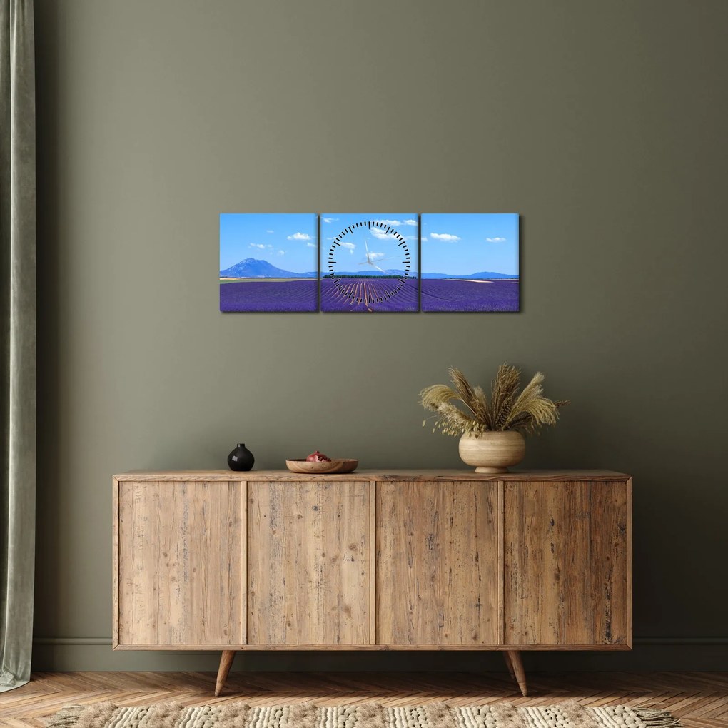 Obraz - Levanduľové pole (s hodinami) (90x30 cm)