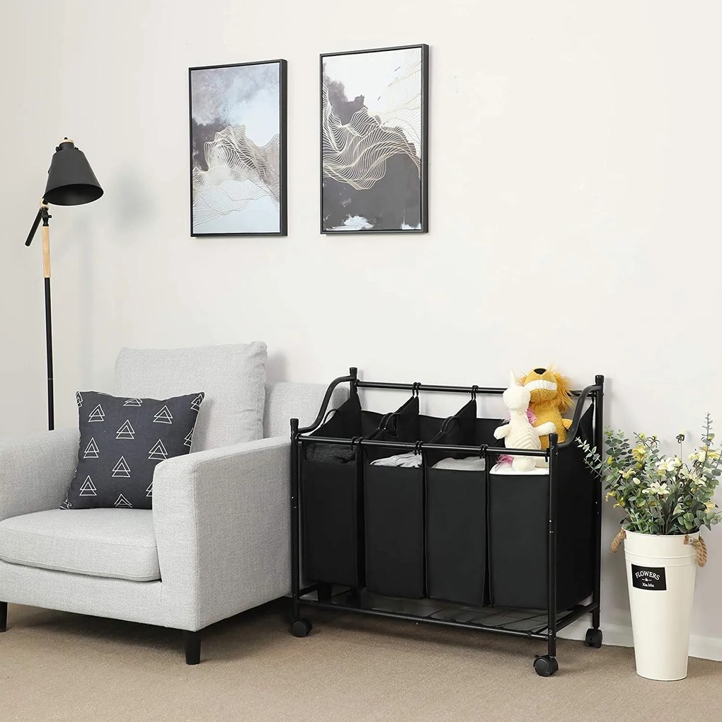 Kôš na bielizeň, vozík na prádlo, so 4 vyberateľnými látkovými vakmi, 4 x 35 L, čierny