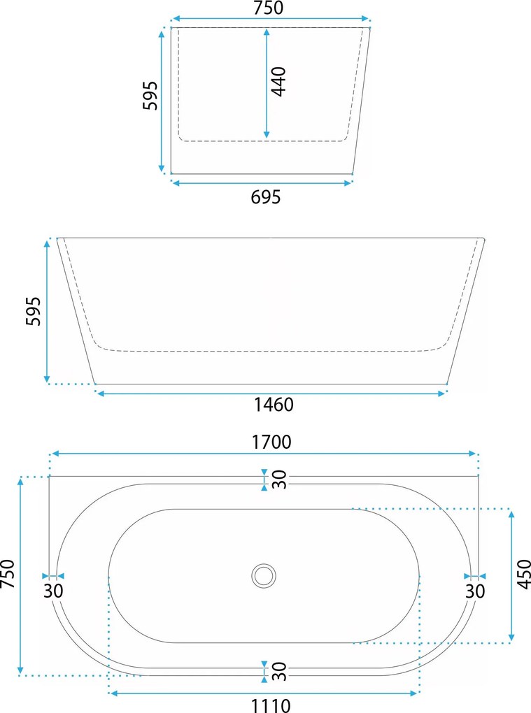 Rea Capri, voľnestojaca akrylová vaňa 170x75 cm, biela, REA-W9801