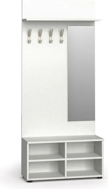 Vešiaková stena s botníkom a zrkadlom HORIZONT, 4 háčiky, polica, biela