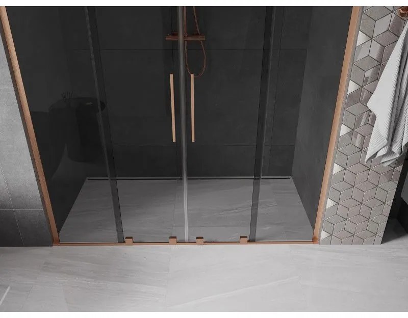 Mexen Velar L Duo, posuvné sprchové dvere do otvoru 170 cm, 8mm šedé sklo, medená matná, 871-170-003-42-65