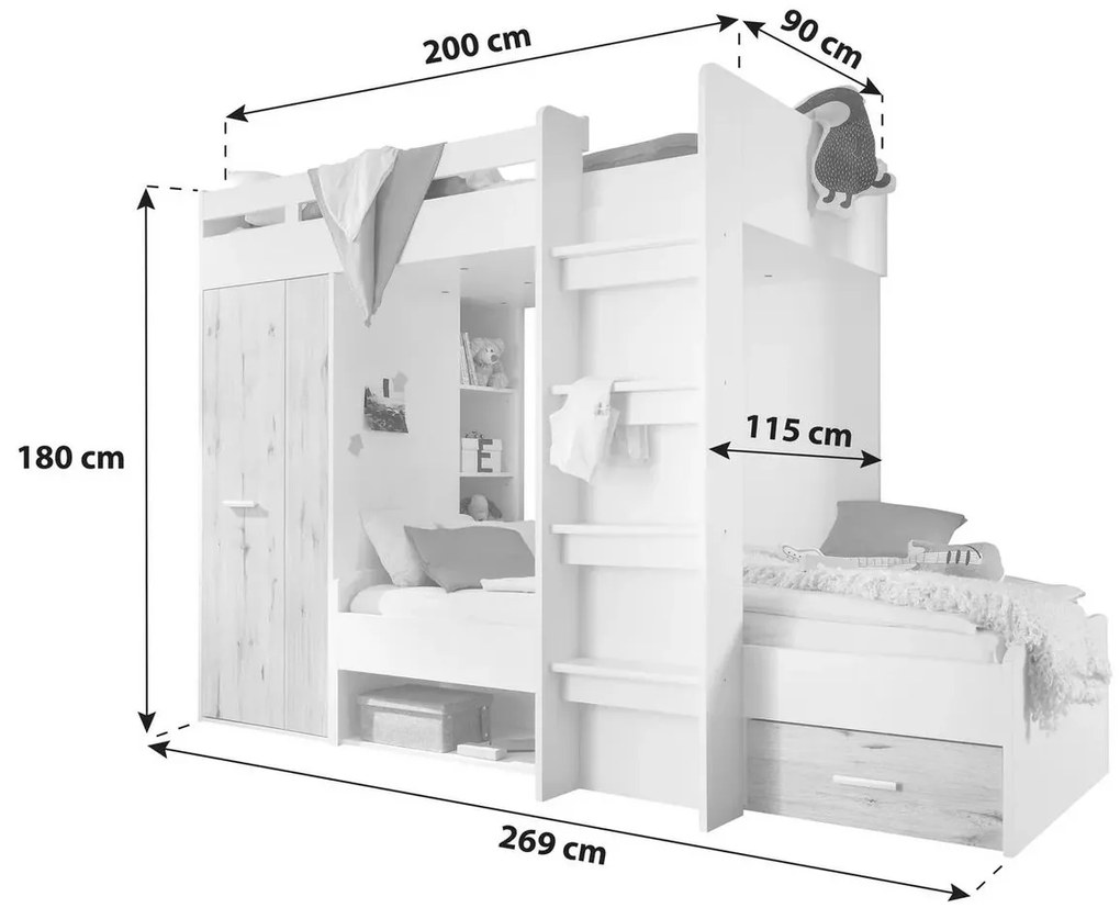 Detská poschodová posteľ 90 cm Mathers (biela + svetlosivá). Vlastná spoľahlivá doprava až k Vám domov. 1082825