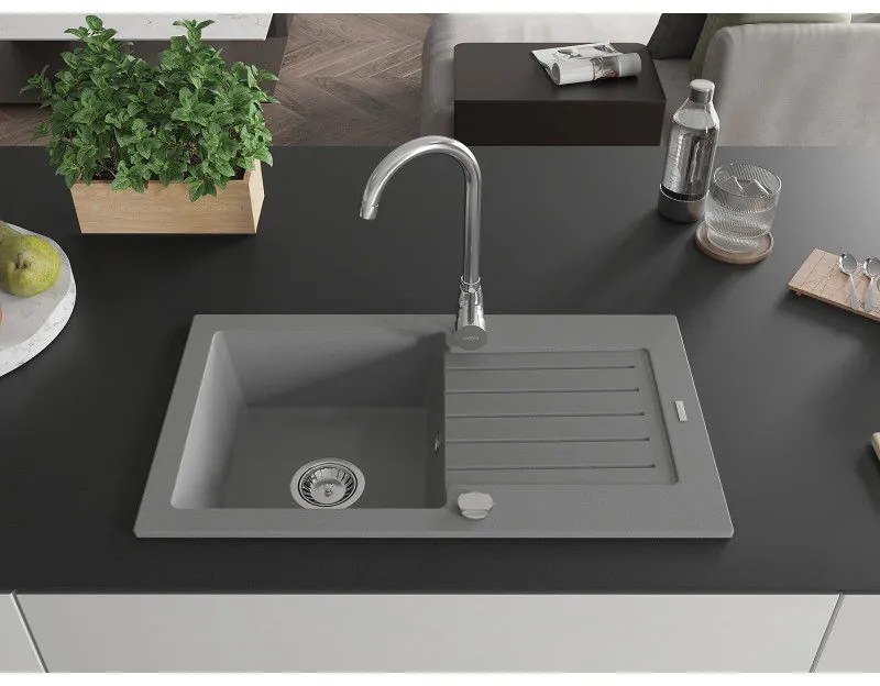 Mexen Pablo, 1-komorový granitový drez s odkvapkávačom 75x44 cm a kuchynskou batériou Telma, šedá, 6510-71-670200-00