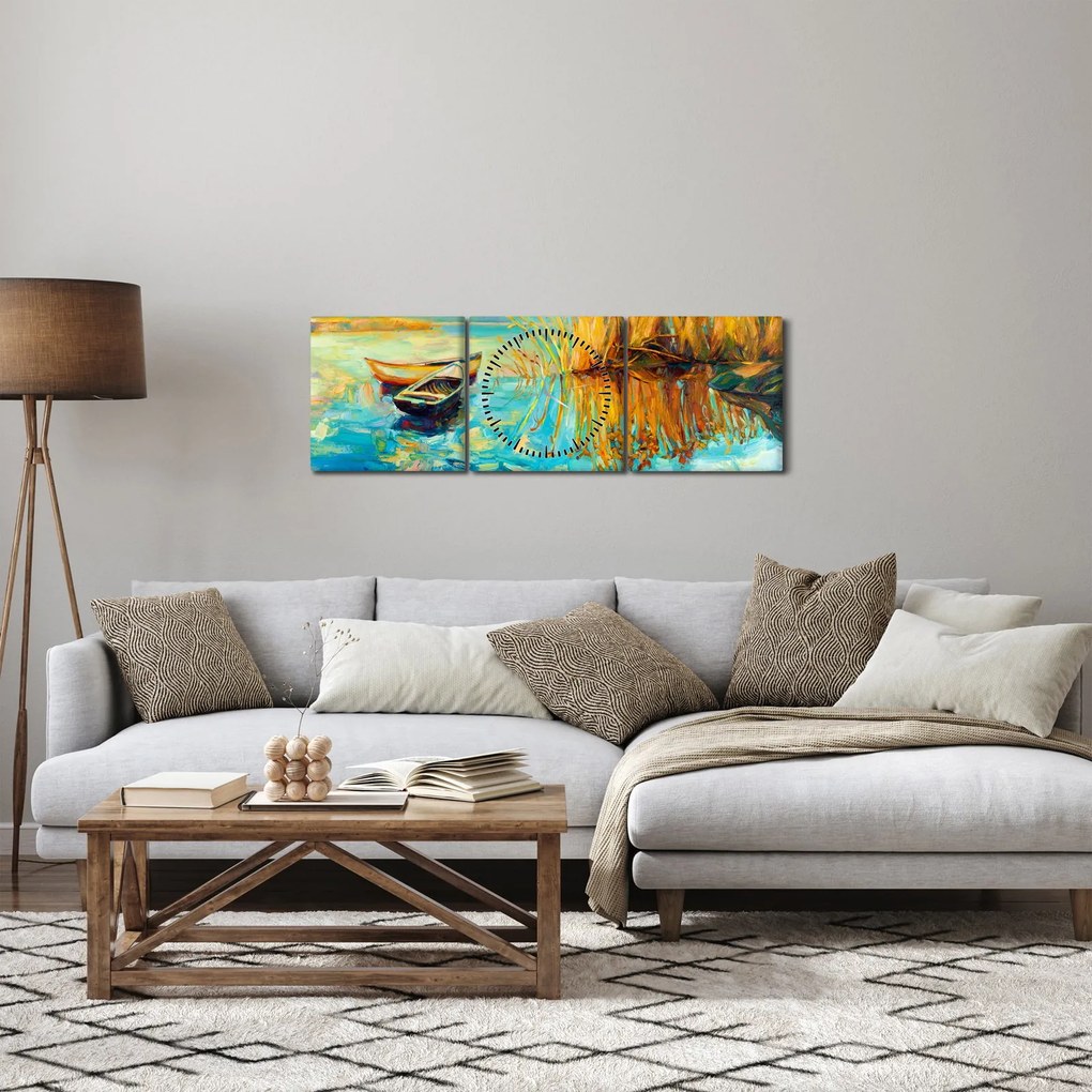 Obraz - Jazero s loďkami (s hodinami) (90x30 cm)