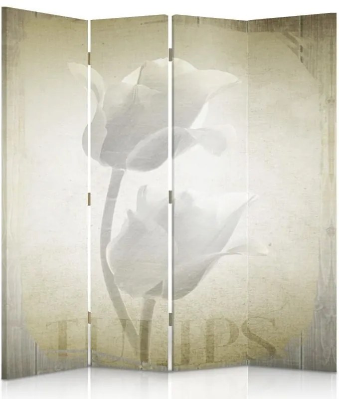 CARO Paraván - White Tulips | štvordielny | obojstranný 145x150 cm