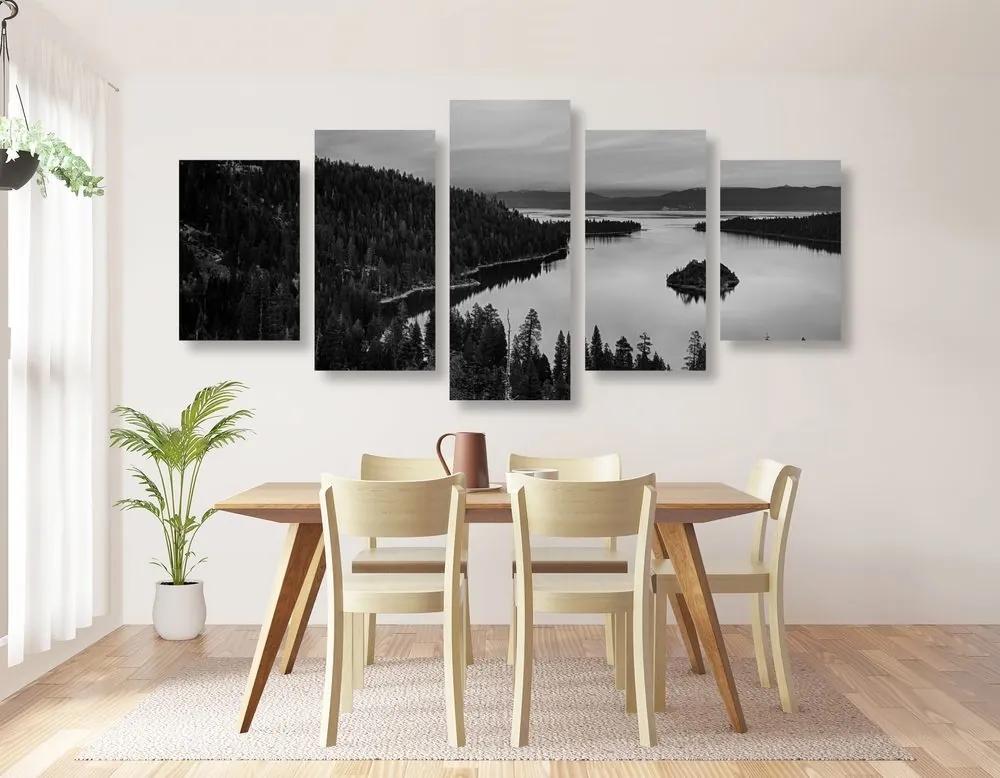 5-dielny obraz jazero pri západe slnka v čiernobielom prevedení - 200x100