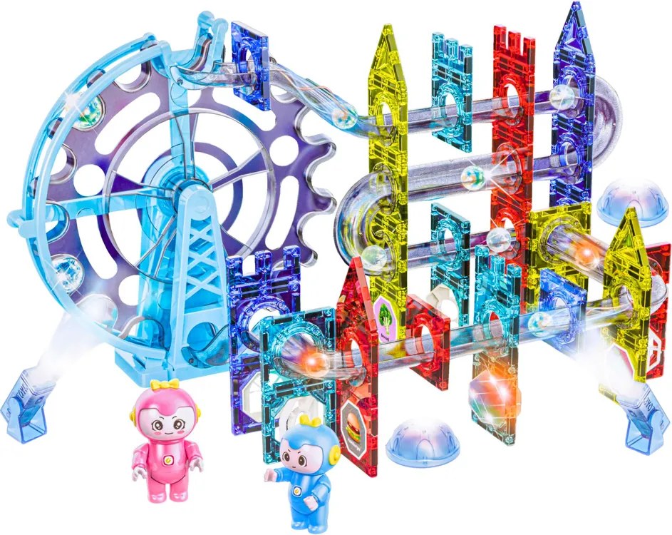 LEAN Toys Magnetické priestorové kocky, guľôčková dráha, postavičky, svietiace, 120 ks.