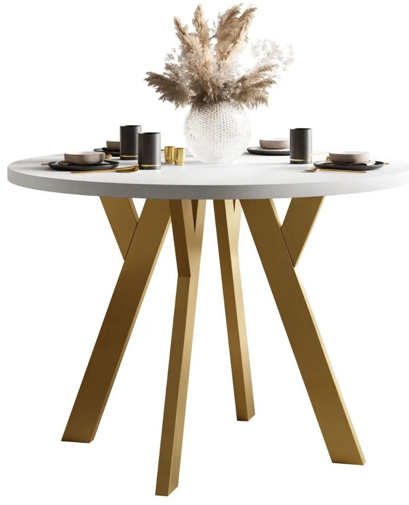 OKRÚHLY ROZKLADACÍ JEDÁLENSKÝ STÔL EWALD BIELY MATNÝ + ZLATE NOHY 100/140 cm