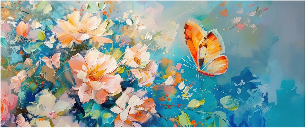 Obraz - Motýľ a kvety, olejomaľba II. (120x50 cm)