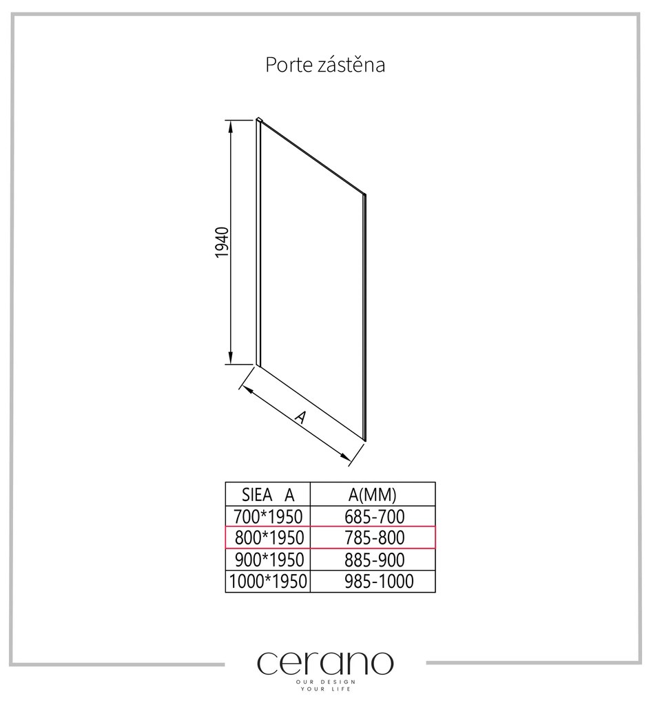 Cerano Porte, sprchová zástena ku sprchovému kútu 80x195 cm, 8mm číre sklo, čierny profil, CER-CER-413453