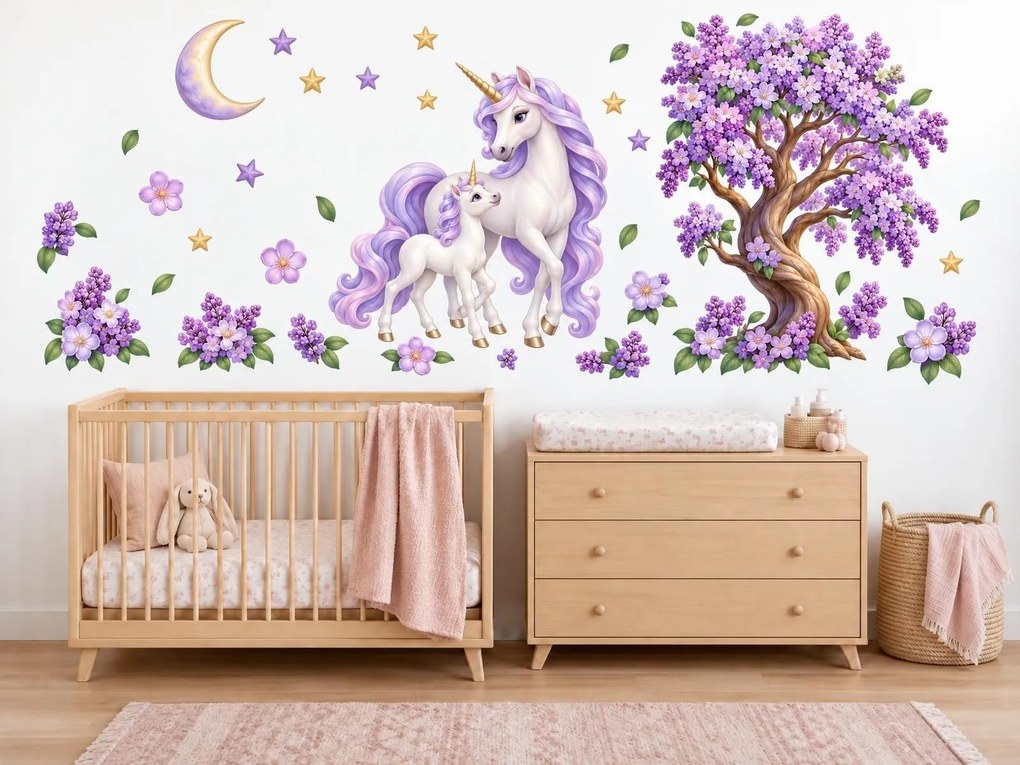Jednorožce pod kvitnúcim orgovánom fialové nálepky na stenu do izby pre dievčatká hárok 23 x 46 cm