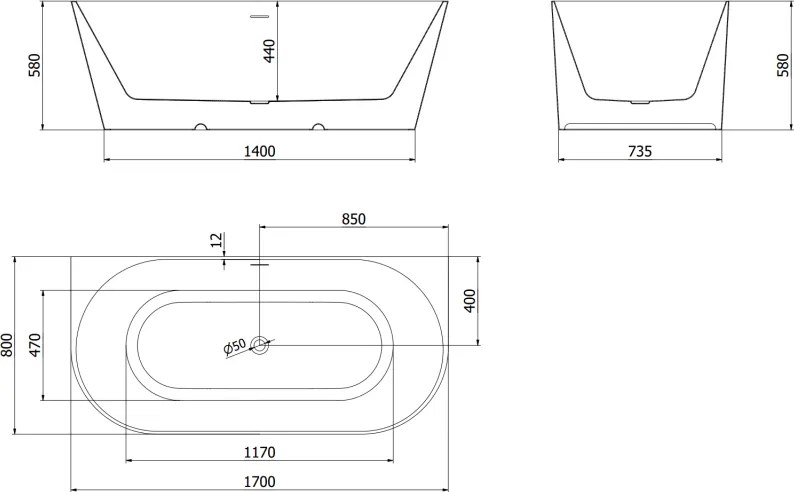Mexen Oval Slim, voľne stojaca vaňa ku stene 170 x 80 cm, biela lesklá, medená matná prepad, 52661708000-65